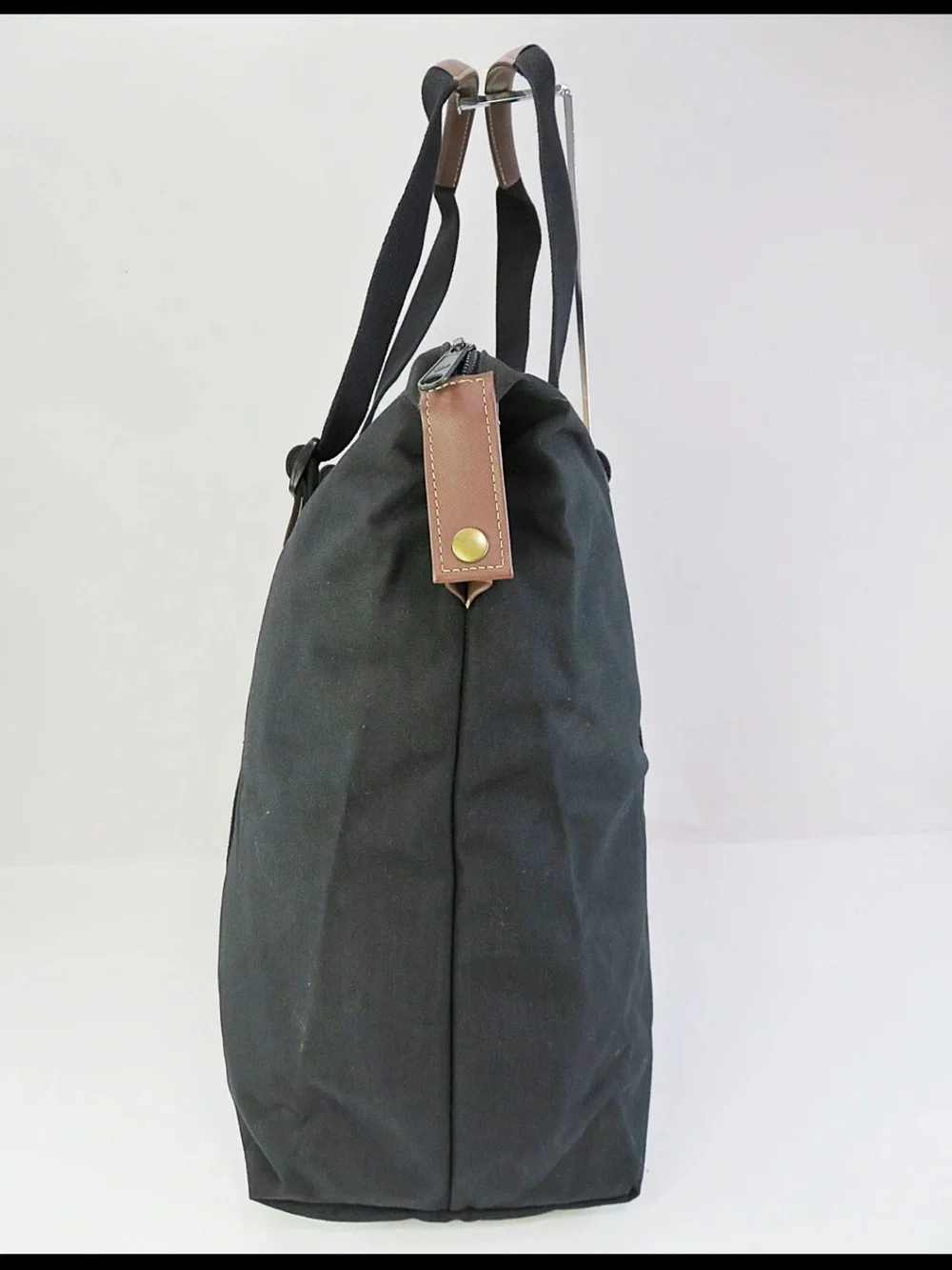 Roberta di Camerino Black Canvas Tote with Brown Trim and Gold Plaque